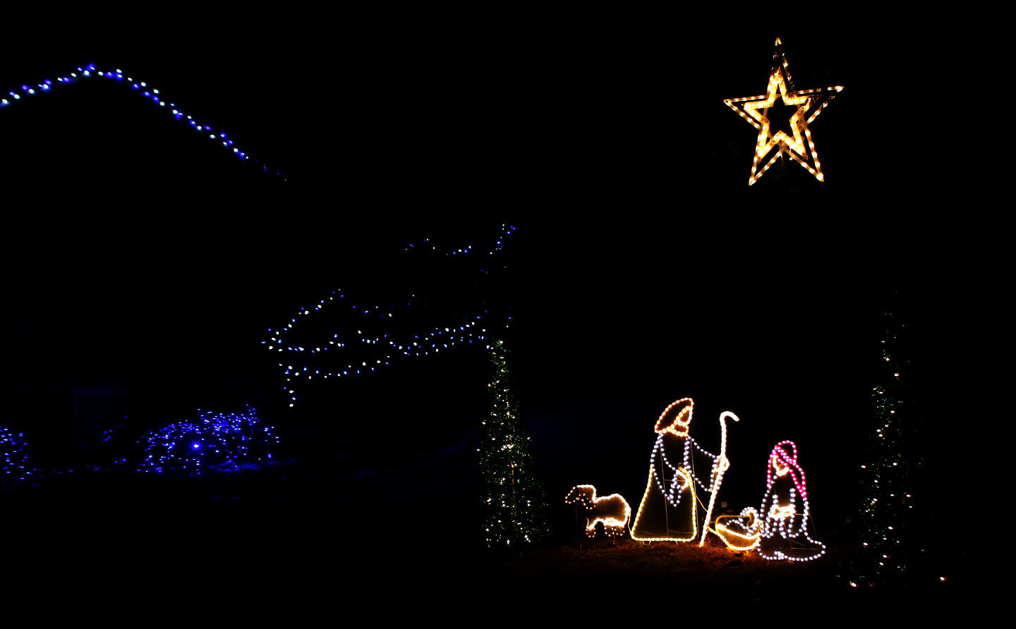A manger scene created in Christmas lights shines at the entrance to the College Heights subdivision in Bellevue.